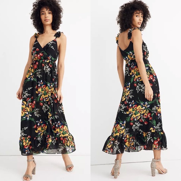 Madewell Dresses & Skirts - Madewell Dress Black Floral Ruffle-Strap Wrap Dress Orchid Bouquet 4 NEW
